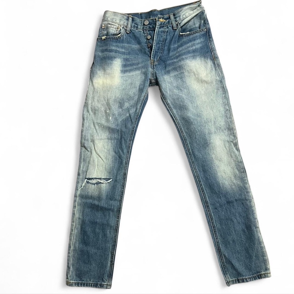 MNML Button Fly Blue Distressed Jeans Size 28